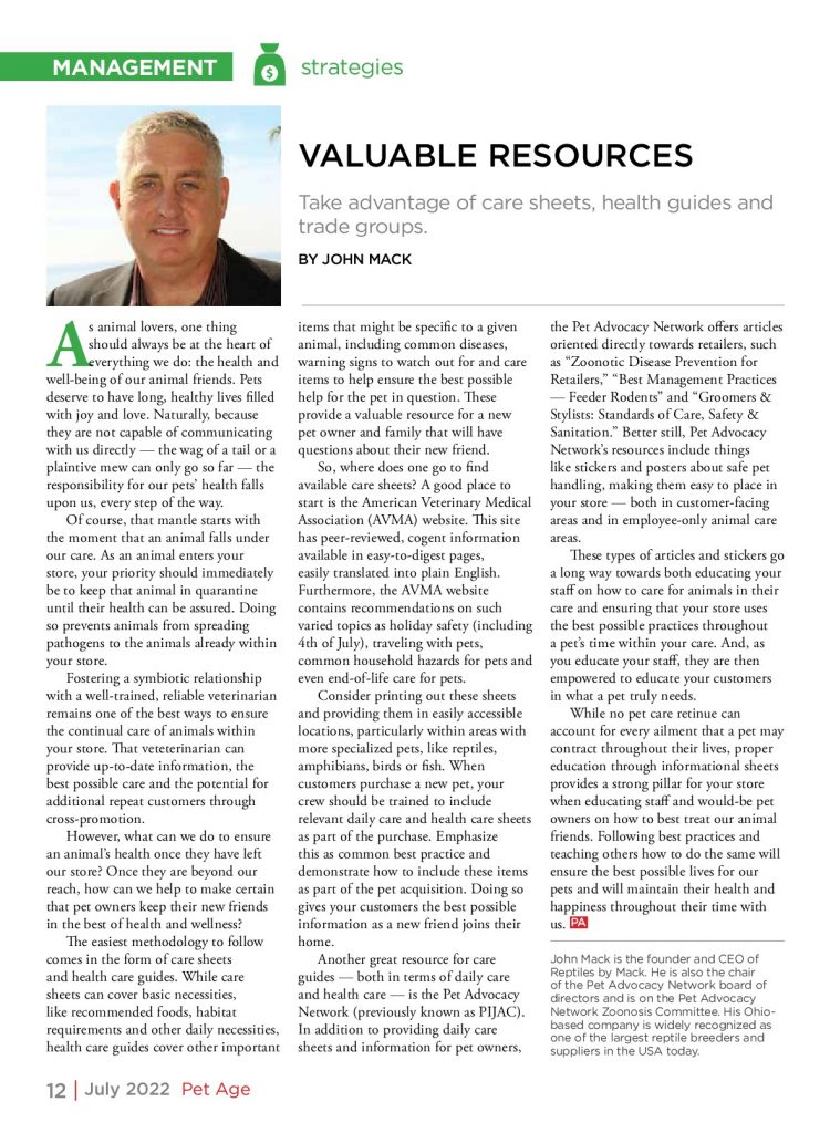 Pet Age July 2022 Article - Valuable Resources